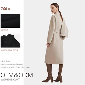 Women's Long Length Wool Coat with Belt Breathable Winter Season Fashion Outerwear Plain Dyed