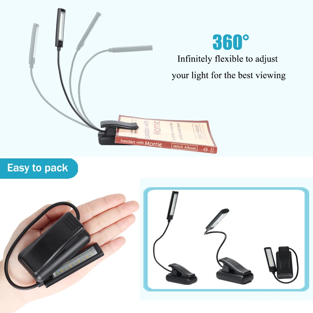 Светодиодная лампа для чтения с зажимом, 3 уровня яркости