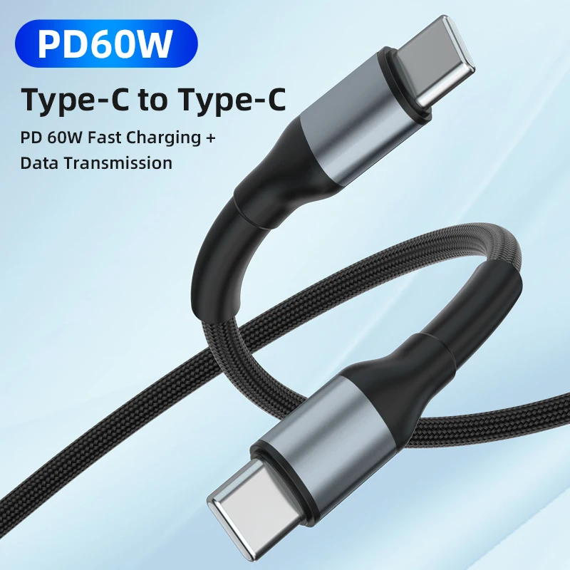 Nylon Braided 3A USB C to Type C PD 60W Fast Charging Cable High Quality PD Charger Data Cord 20V 3A Charging Line Support OEM