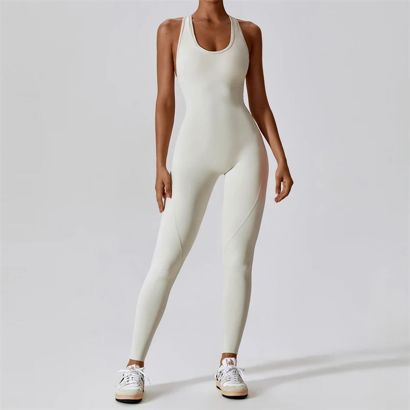 Aoyema Workout Tummy Control One Piece Set Sleeveless and Backless Yoga Leggings Sportswear Jumpsuit