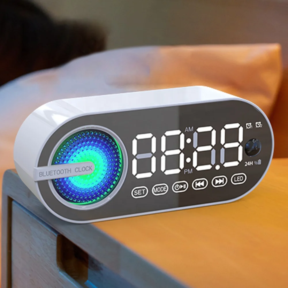 Mirror Desk Clock with BT Speaker Digital LED Colorful Light Desk Table FM Radio Alarm Clock Electronic Calendars 2023