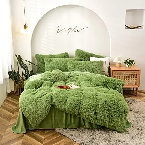 3pcs Ultra-Soft Fluffy Luxury Green Duvet Cover Set Shaggy Ultra-Soft Cozy Bedding with Long Faux Fur Cozy Green