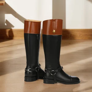 Colors Patchwork Women Flat Buckles Sip on Knee High Boots Knight Round Toe Long Booties Anti-Slippery for Seasons