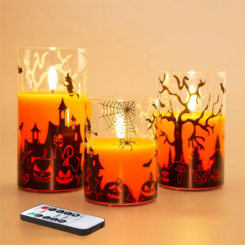 Spooky LED Halloween candle with gothic Halloween print design, perfect for creating a chilling atmosphere