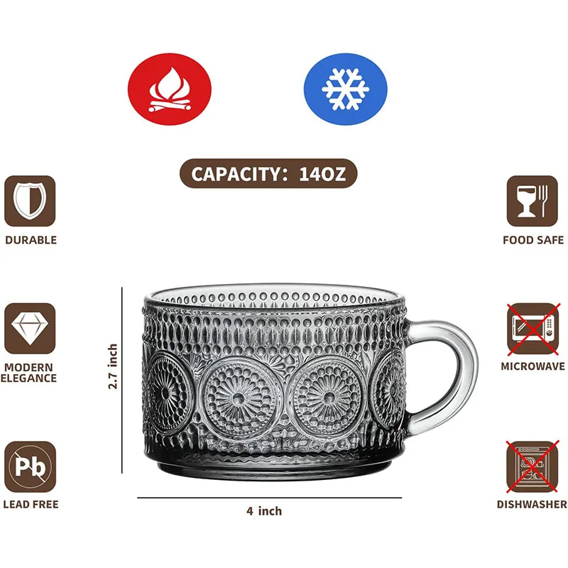 Metallic Grey Color Vintage Coffee Mugs Set Embossed Glass Cups Set