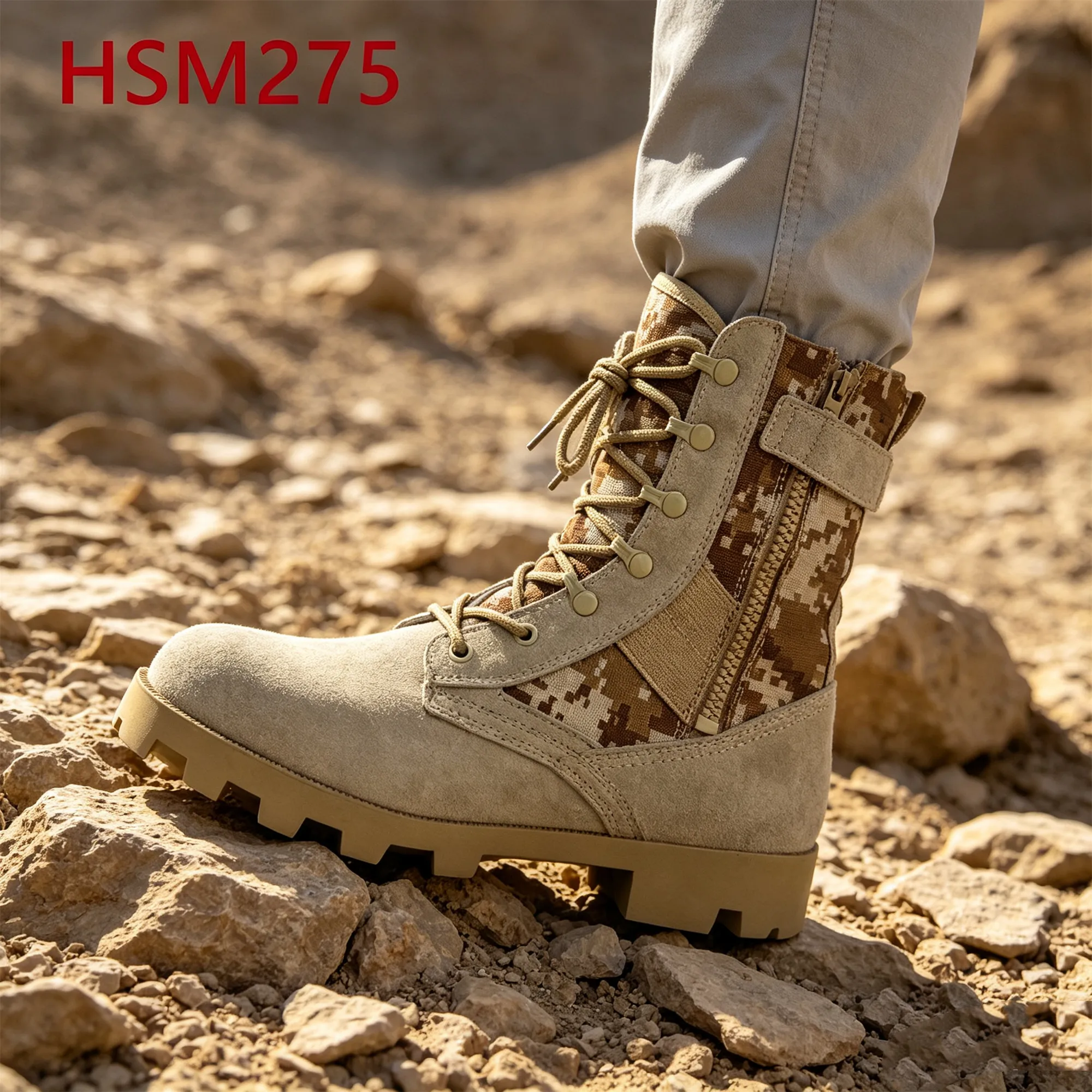 XYM,Rocky Road Hard Rubber Sole Hua Singh Tactical Boots Desert Training Digital Camouflage Patrol Boots with Zip&velcro HSM275