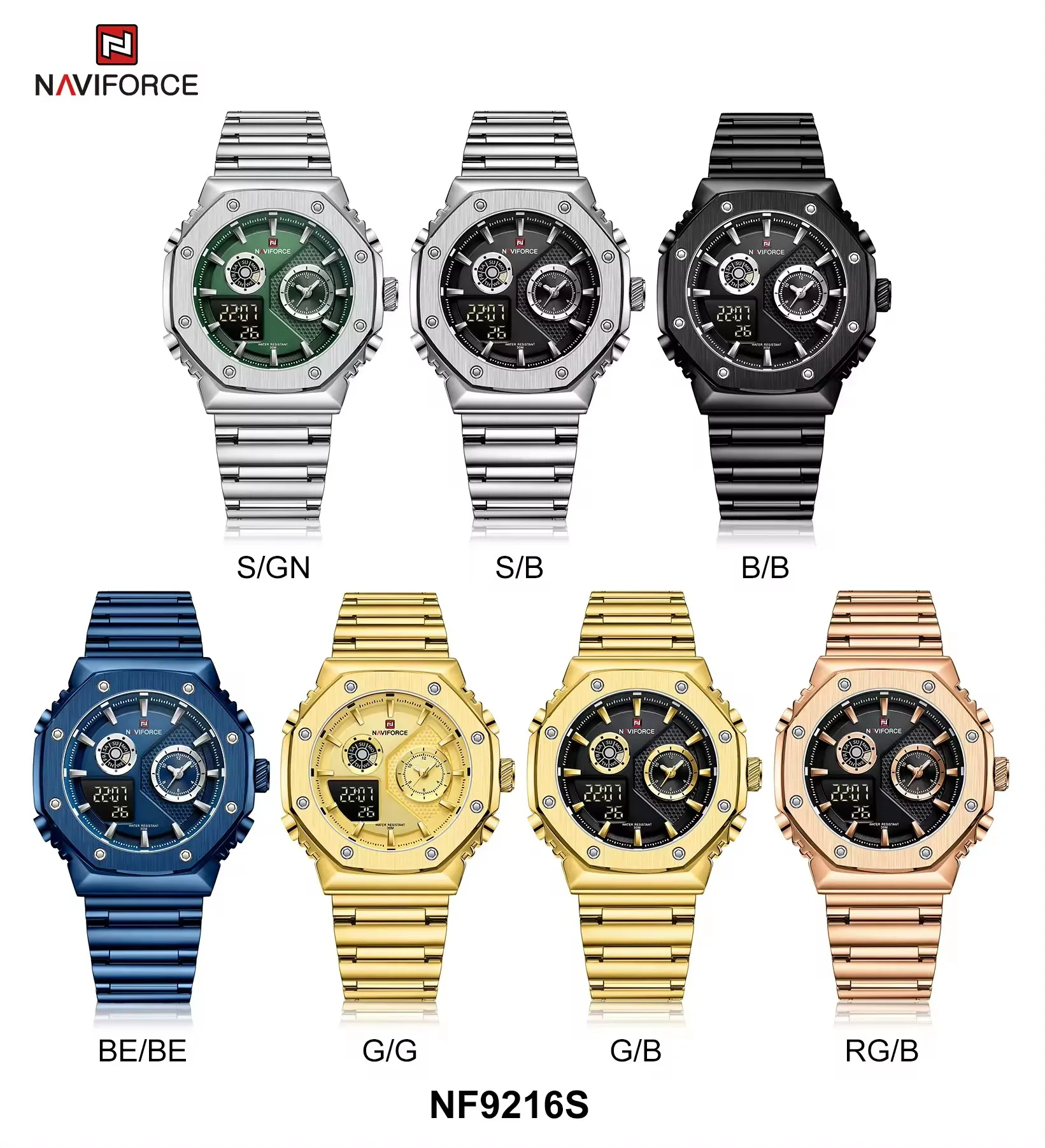 NAVIFORCE 9216S Multifunction Men LED Digital Gold Watch Sport with LED display Digital wristwatch Japan Quartz Watch Factory
