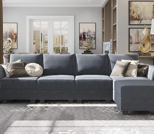 Grey Modular Fabric Home Furniture Set Modern Sectional Wooden Sofa