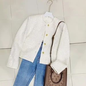 Women Long Sleeves Fashion Cropped Blaze Casual Office Lady Chic Short Coat Sequins Female  Femme Jacket