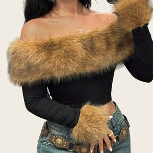 Viviblook Z1227TP Women Y2k Slim Fit Long Sleeved Tee Shirt Crop Top Fur Collar Off Shoulder Long Sleeved T-Shirt