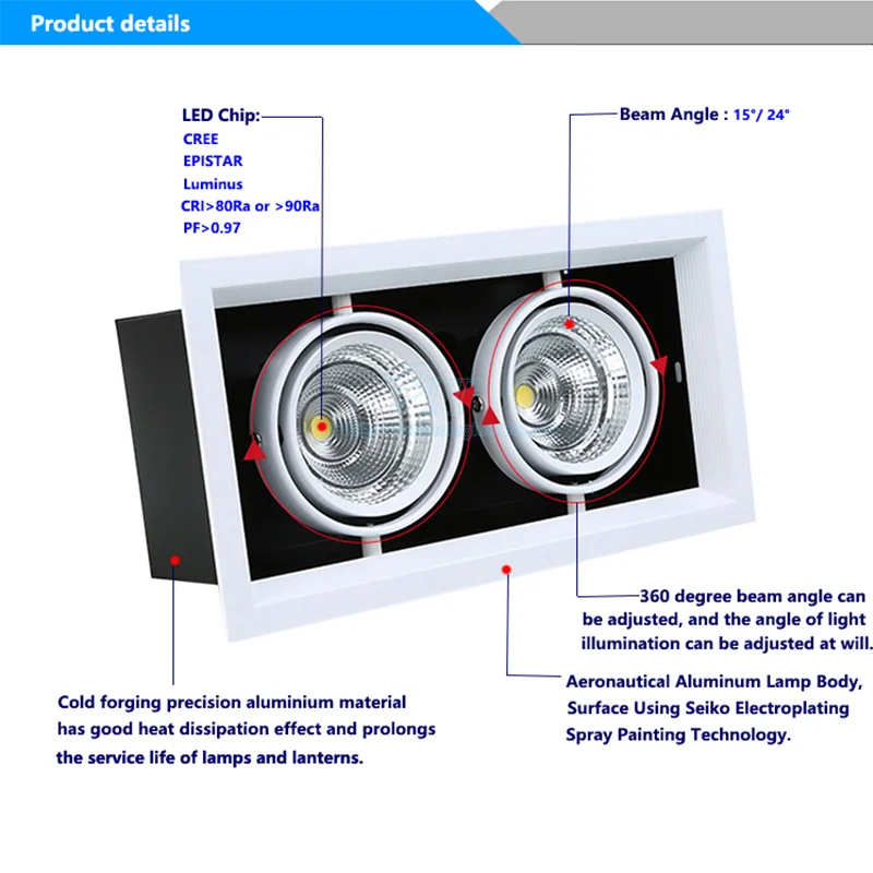 Recessed Led Cob Downlight Single Double Triple Head Cob 2*18w Grille Led Downlight Aluminium Square Led Downlight