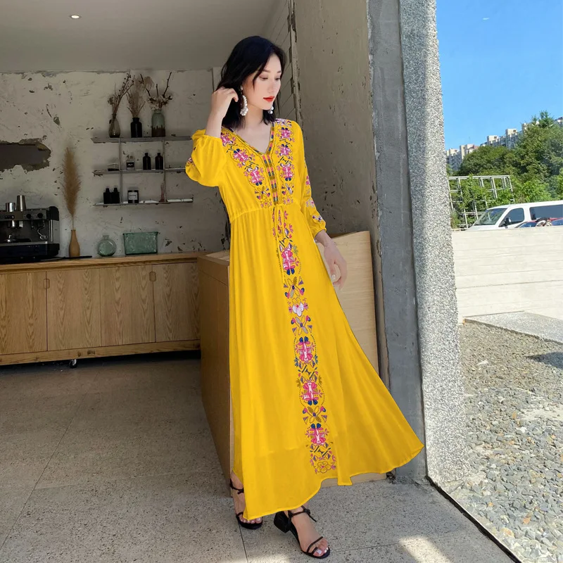 Vestidos Largos De Estilo Étnico Retro Con Escote En V,Bordados,Con  Solapa,Cintura Elástica,Para Playa - Buy Retro Estilo Étnico Vestidos, Bordado Polo Vacaciones Vestidos,Sashas Playa Vestidos Product on  Alibaba.com