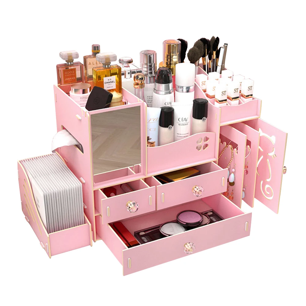 Wooden Desk Cosmetic Makeup Organizer/Jewelry Storage Box Case