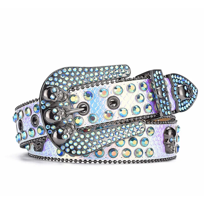 Sparkly Skull Buckle Bb Simon Rhinestone Belt for Men Women  display picture 1