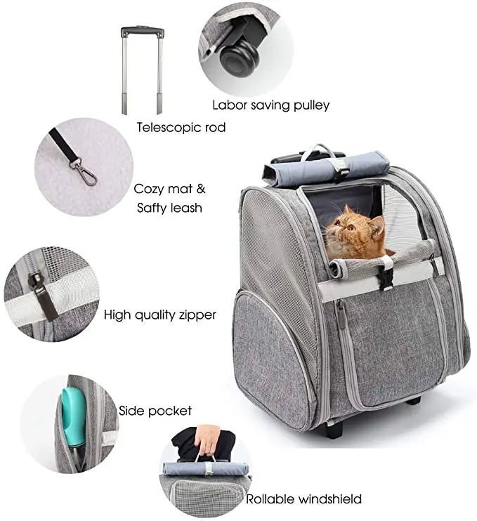 Red Rolling Backpack Cat Dog Transporting Luggage Box with Telescopic Handle Portable Pet Travel Carrier & Backpack Luggage Pet Travel Trolley Waterproof Cat Dog Carrier on Wheels 51 * 39cm