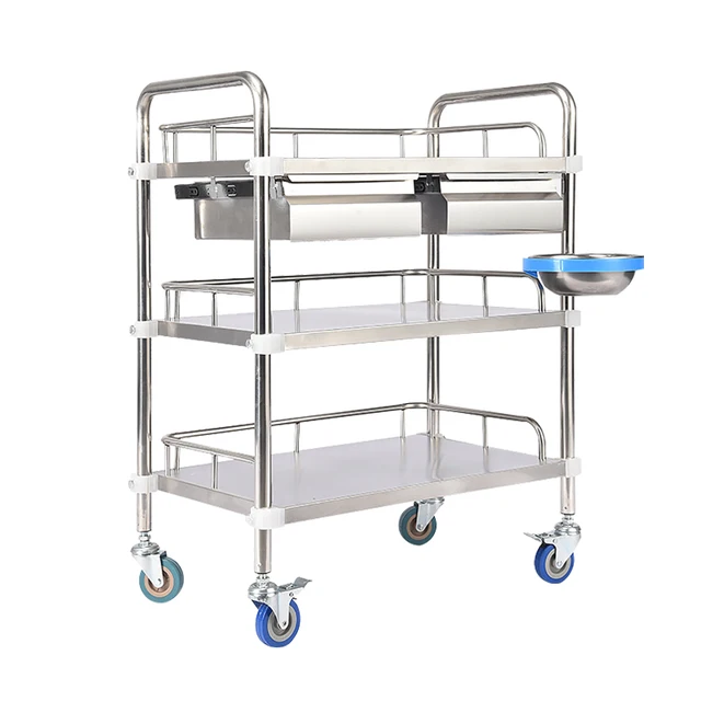 Durable Stainless Steel Hospital Trolley Cart Medication Metal Cart with Wheels Hospital Furniture