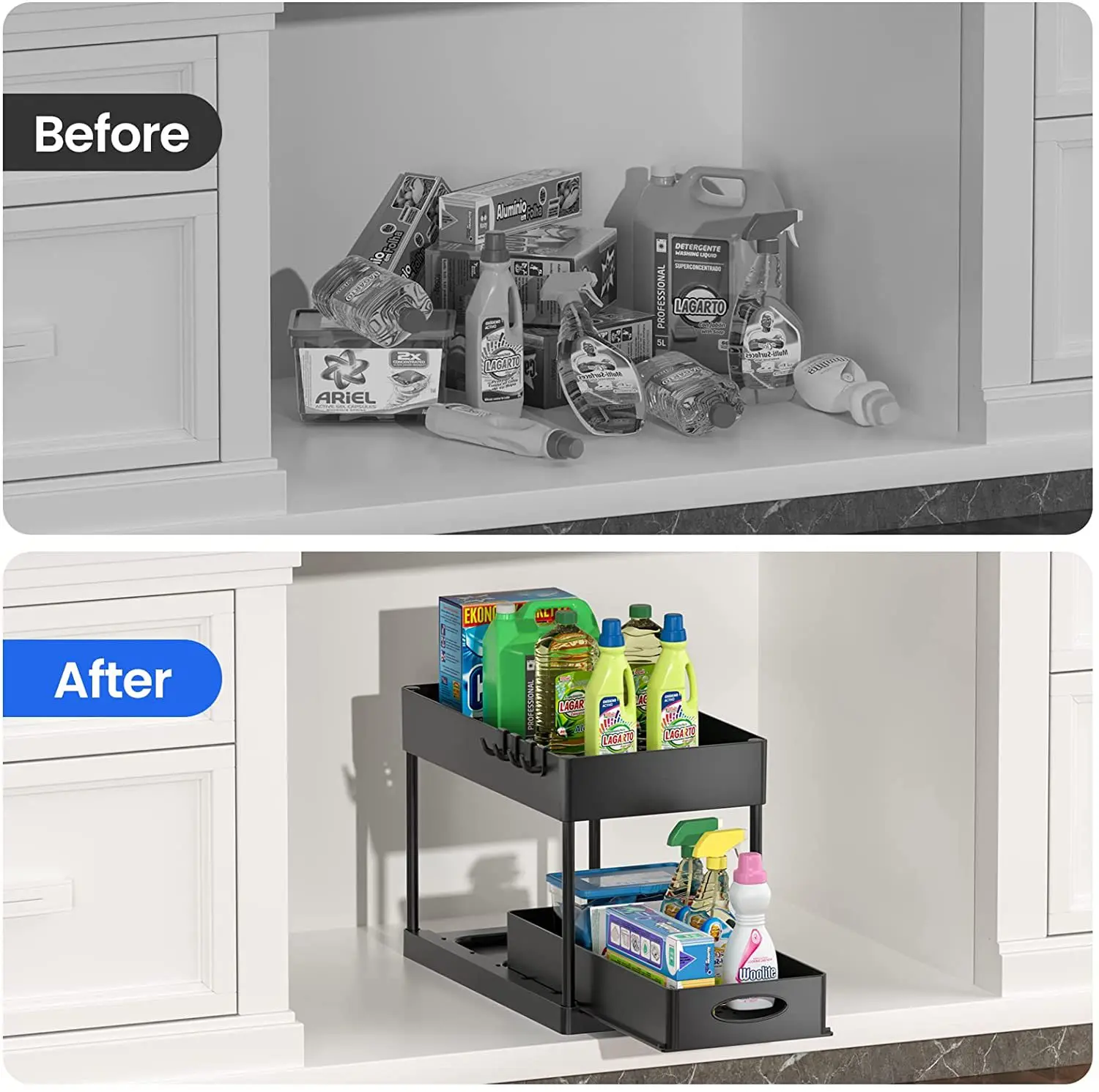 2 Tier Under Sliding Basket Organizer Drawer Black Under Sink