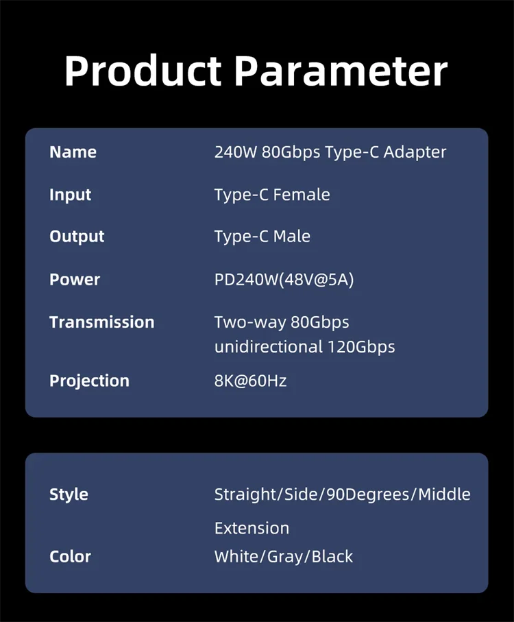 USB C Extender Adapter 240W Cable Extension Type-C Male to Female Converter 80Gbps Data Transfer Connector for USB-C Devices