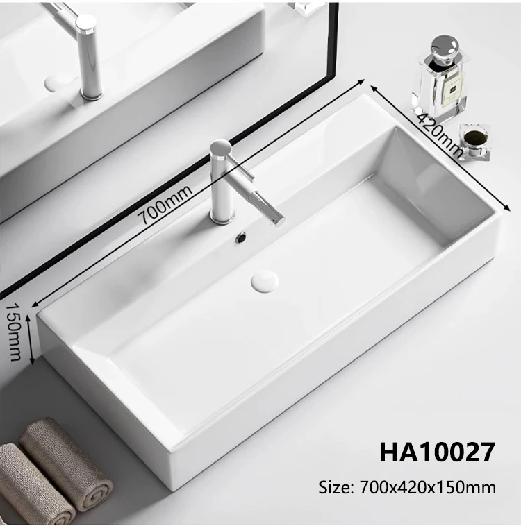 Faucet Hole Rectangular Countertop Bathroom Sink Big Size Modern Above Counter White Porcelain Ceramic Vanity Art Basin Lavabo