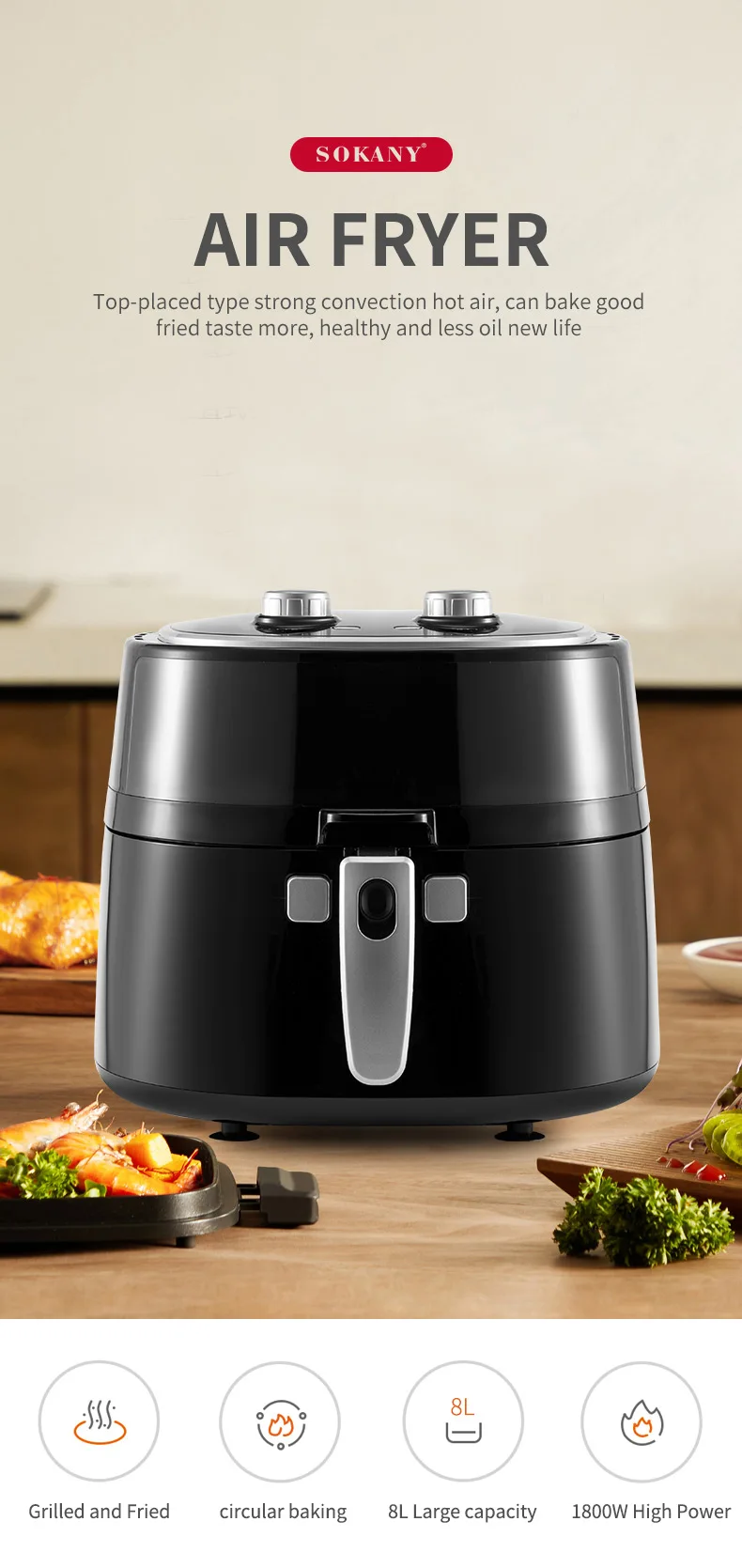 Sokany New Smart Air Fryer 8l Wholesale Digital Lcd Screen Multi Air