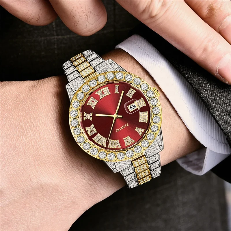 Fashion Luxury Quartz Gold Diamond Watches Men Wrist Bling Hip Hop Two Tone Fully Iced Out Watch Reloj Diamant