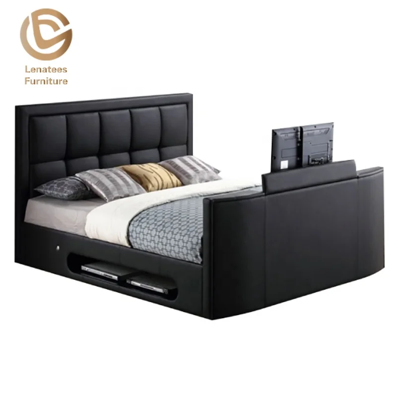 Wholesale Modern king Full Size Genuine Leather Upholstered TV Bed