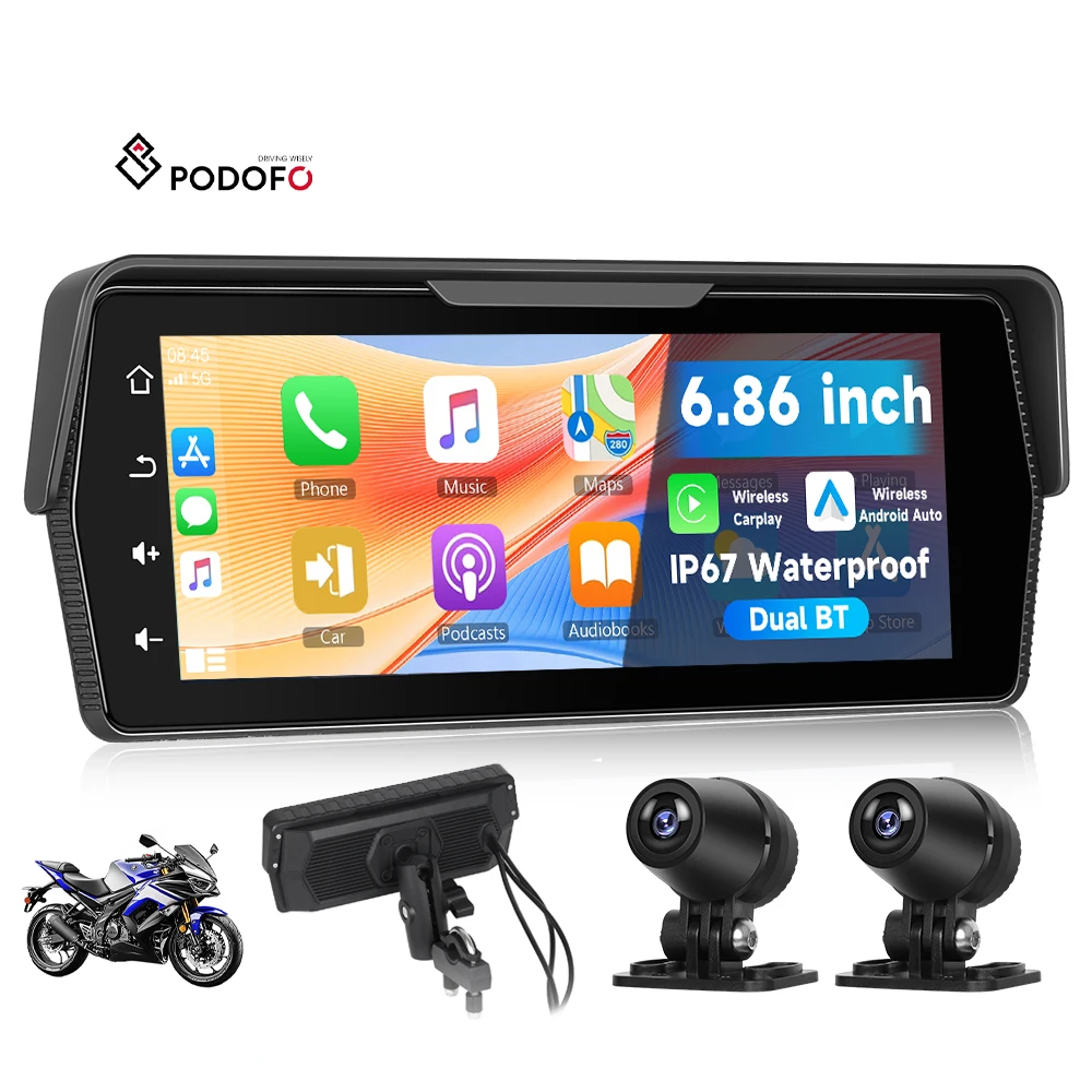 Podofo 6.86 Inch Portable Motorcycle IPS Screen with Wireless Carplay/Android Auto Dual BT IP67 Waterproof DVR Customization A3956