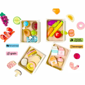 27 Pcs Wooden Pieces and 4 Crates Multi - Play Food Sets for Kids Kitchen Pretend Fruit Toy Food for Toddlers and Kids Ages 3+