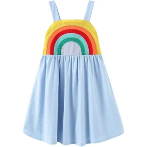 Customizable Factory Direct Price Pure Blue rainbow Printing Kids Girls Dresses for 2-14 Children Clothing