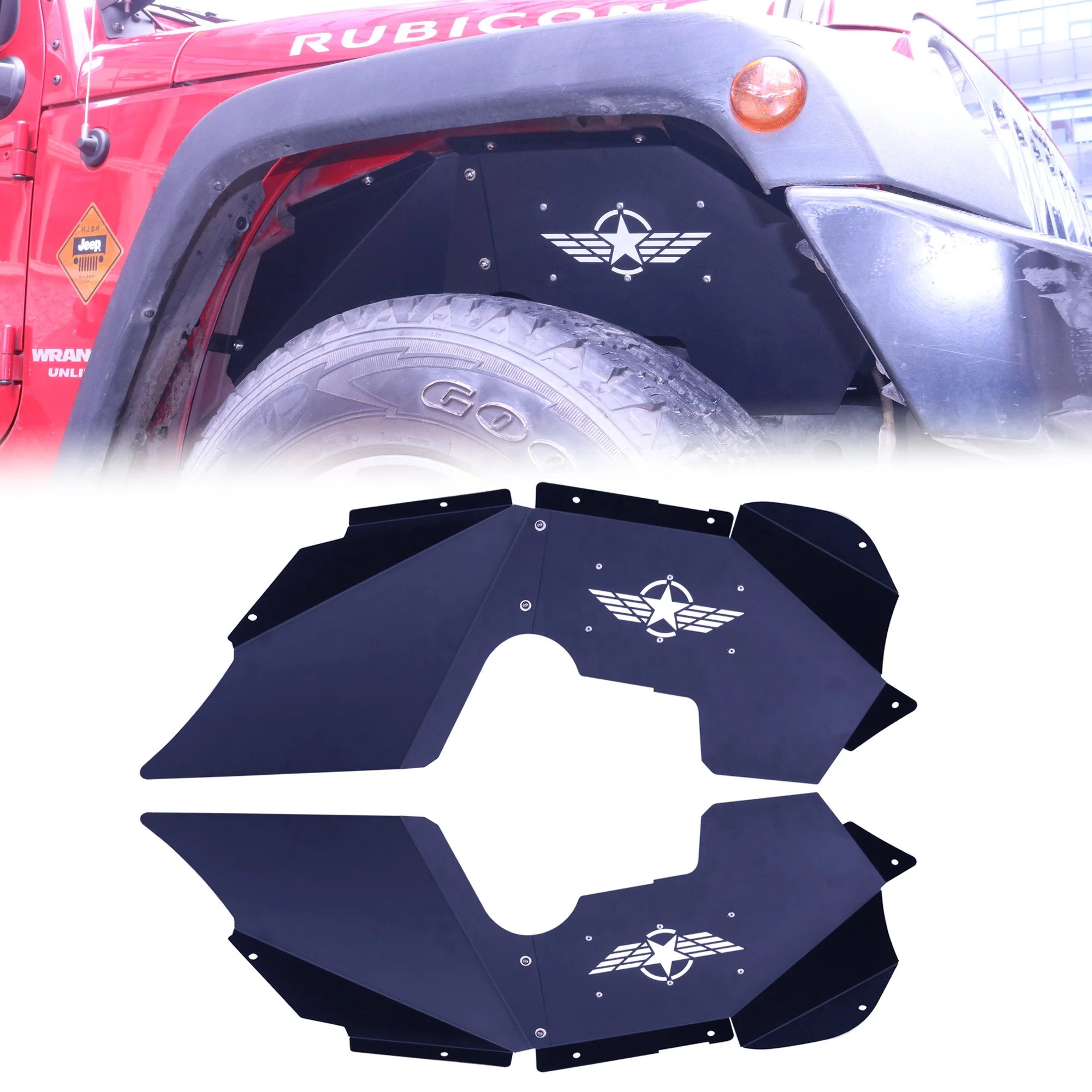 Front & Rear Inner Fender Liners Fit For Jeep Wrangler JK 2007 2018 2 Doors 4 Doors Aluminum Wheel Well Cover Flag Pattern Off Road Mudguards Fenders Flares Heavy Duty Wheel Fenders Set 4pcs
