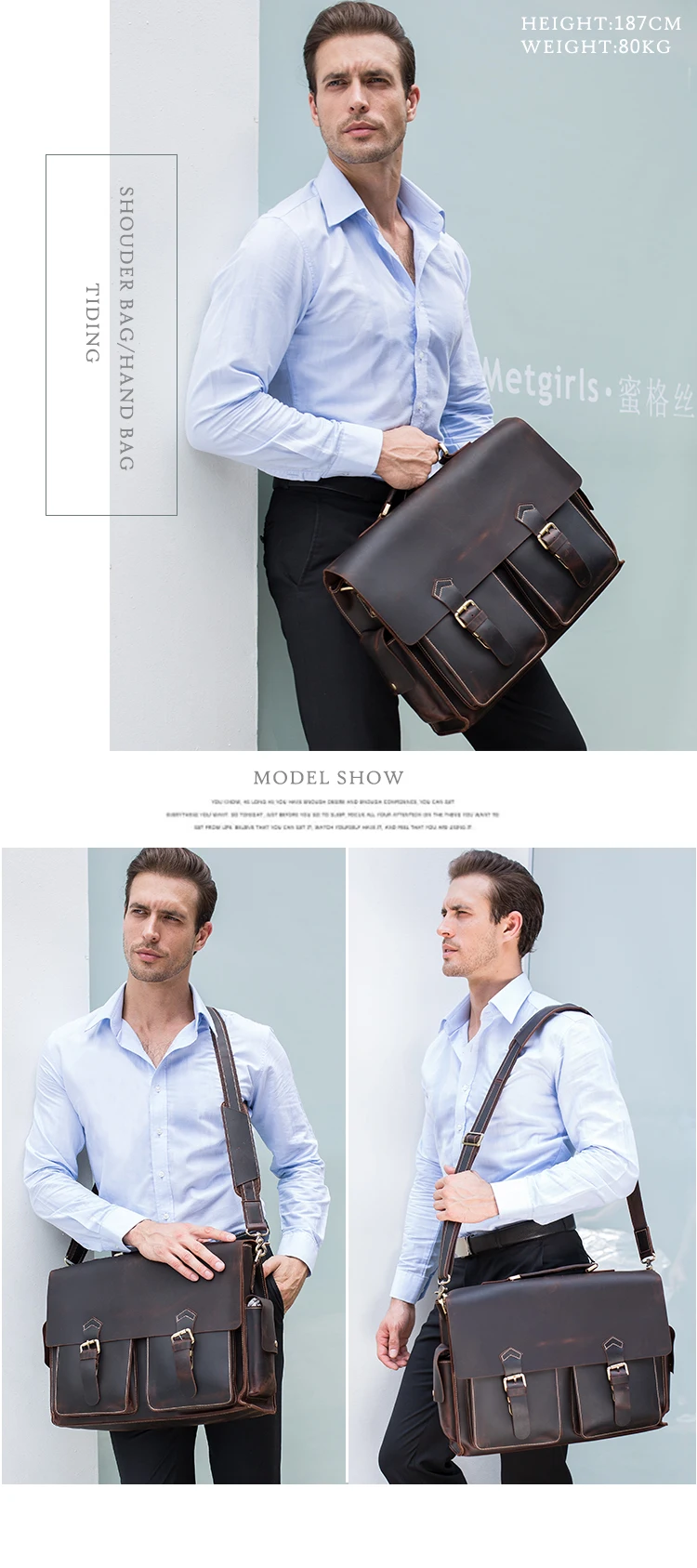 TIDING Retro Vintage Men Large Capacity Genuine Cow Leather 17 Inch Laptop Bag Briefcase