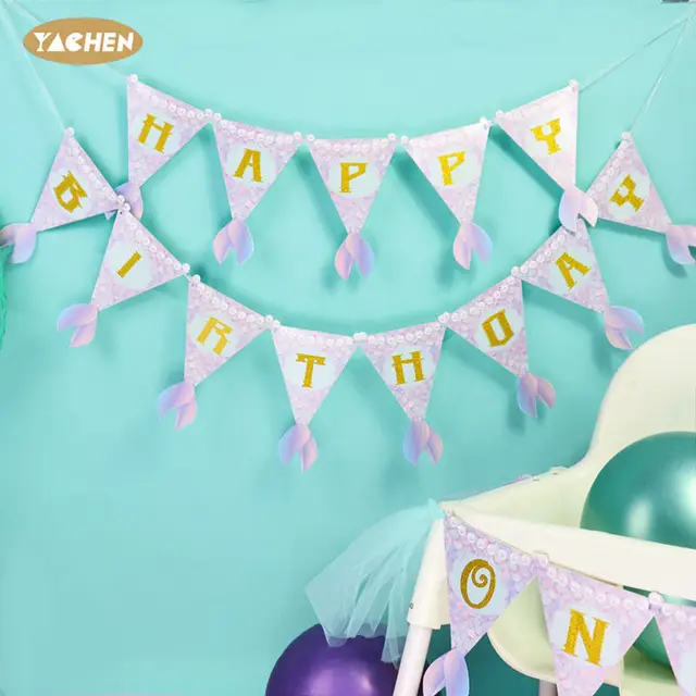 YACHEN Wholesale Mermaid Theme Baby 1st Birthday Party Decoration Happy Birthday Banner Paper Bunting