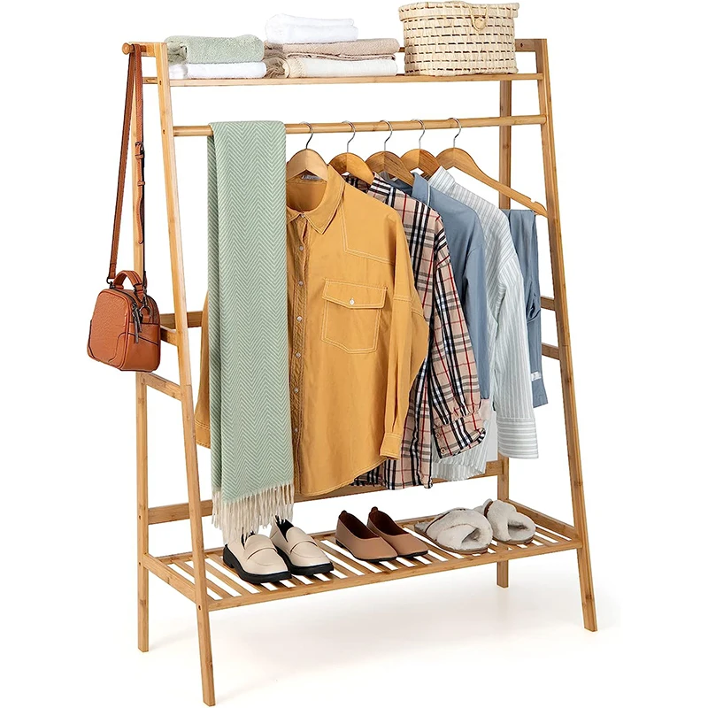 Wholesale 2025 Luxury Freestanding Heavy Duty Bamboo Clothing Organizer Garment Rack for Boutique and Living Room
