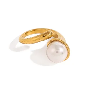 European American Luxury Trendy Open Ring 18K Gold Plated Stainless Steel with Hammer Pattern Inlaid Artificial Pearl