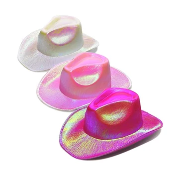 Haiwin Party Neon Sparkly Glitter Space Cowboy Hat light up holographic cowgirl hat for Birthday & Bachelorette Parties