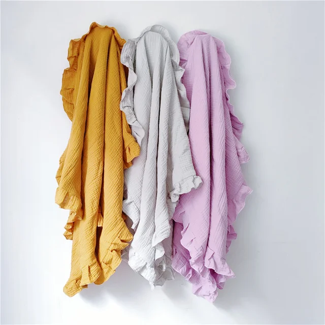 wholesale custom Baby Ruffle Edge Wrapped Solid Cotton Yarn Cover blanket baby newborn swaddle blanket muslin 100% cotton