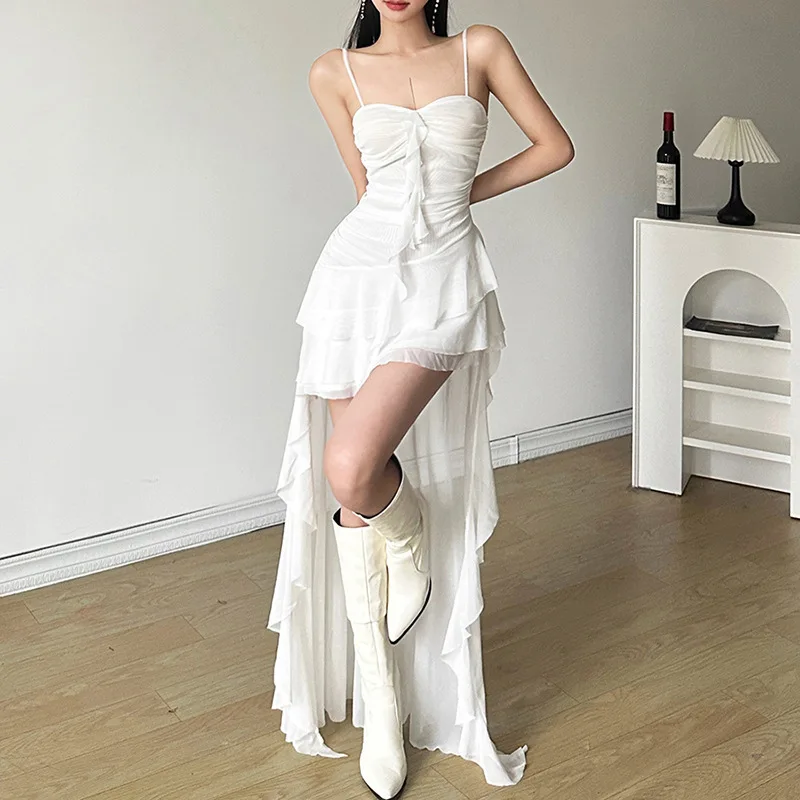 Elegant Summer Ladies Slip Dress Fashion Design with Ruffles Solid Color  Sexy Chiffon Digital Printing