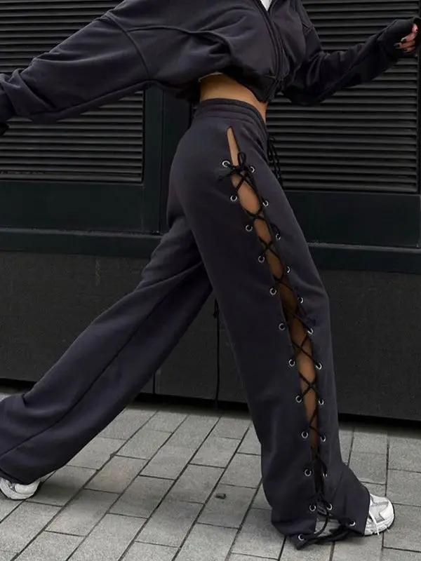 Hot Selling Women Trendy White Lace up Side Slit Pants High Waist Loose Wide Leg Trousers Casual Streetwear Women's Jeans