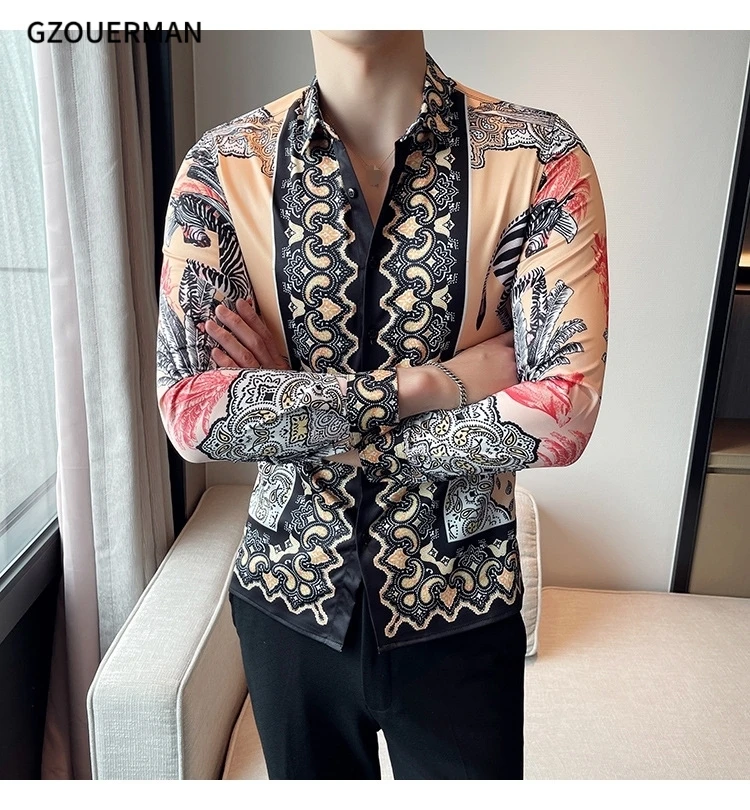 2022 Men Gentleman Long Sleeve Lapel Zebra Leaf Printed Shirt New Fashion Button Formal Royal Court Hot Sale Casual Shirt