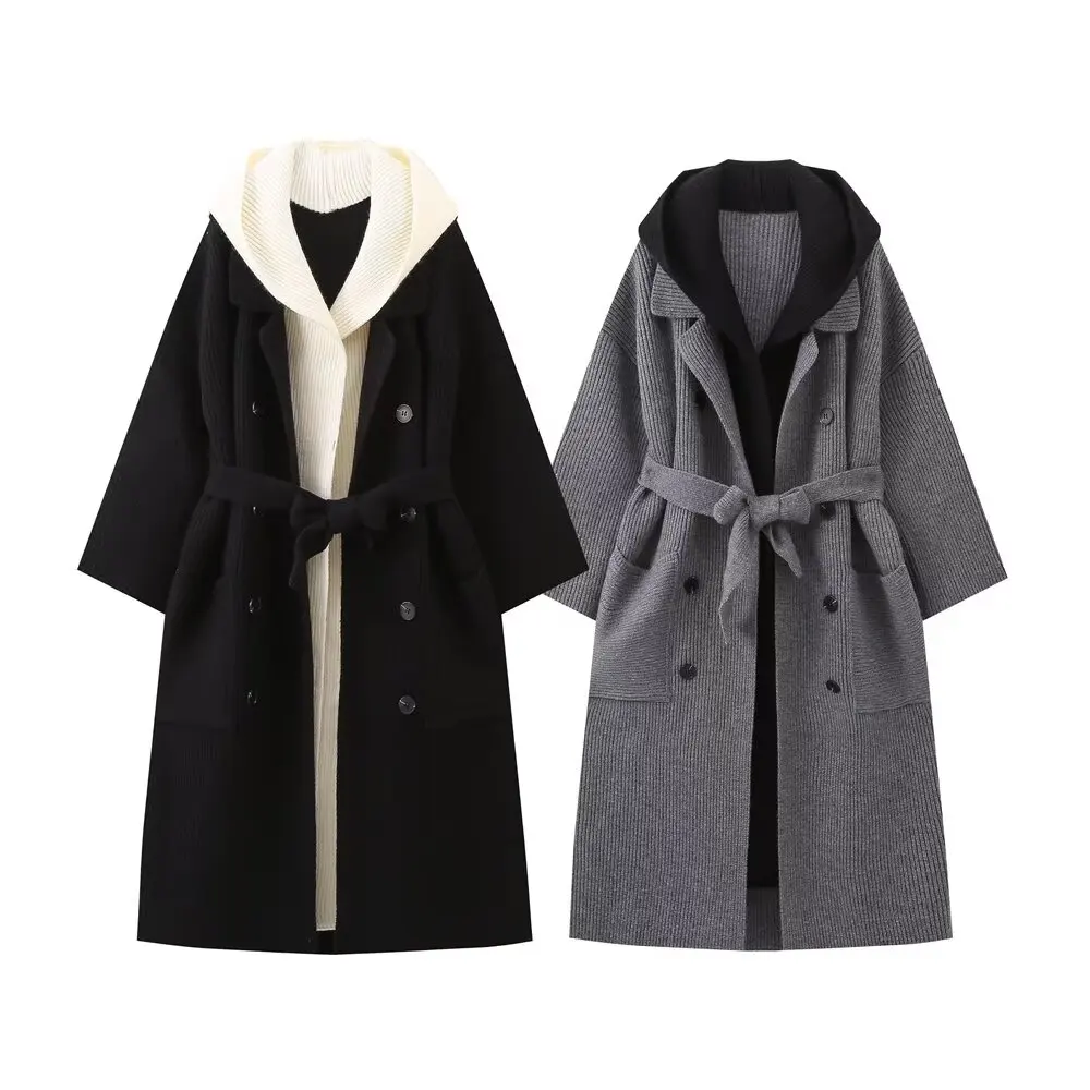 Donne 2024 Moda bavaglino con cappuccio due pezzi lavorati a maglia Cappotto Vintage Manica Lunga Donna Capispalla Chic Overshirt_voghion.com