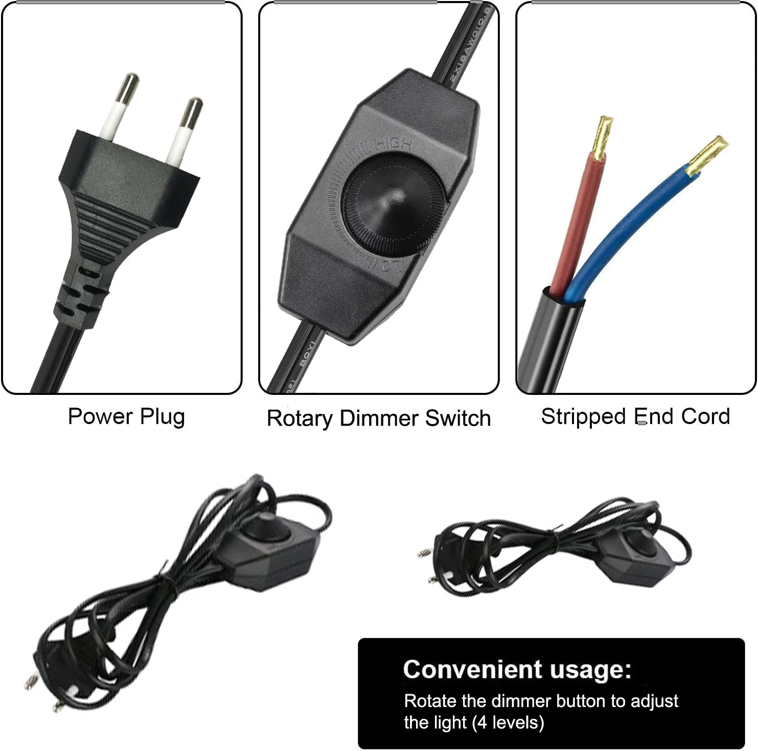 EU 2 Pin Lamp Cord With Rotary Switch Plug 2m Dimmer Switch Extension Cords With Knob  Stripped Ends Ready for DIY Light Wiring