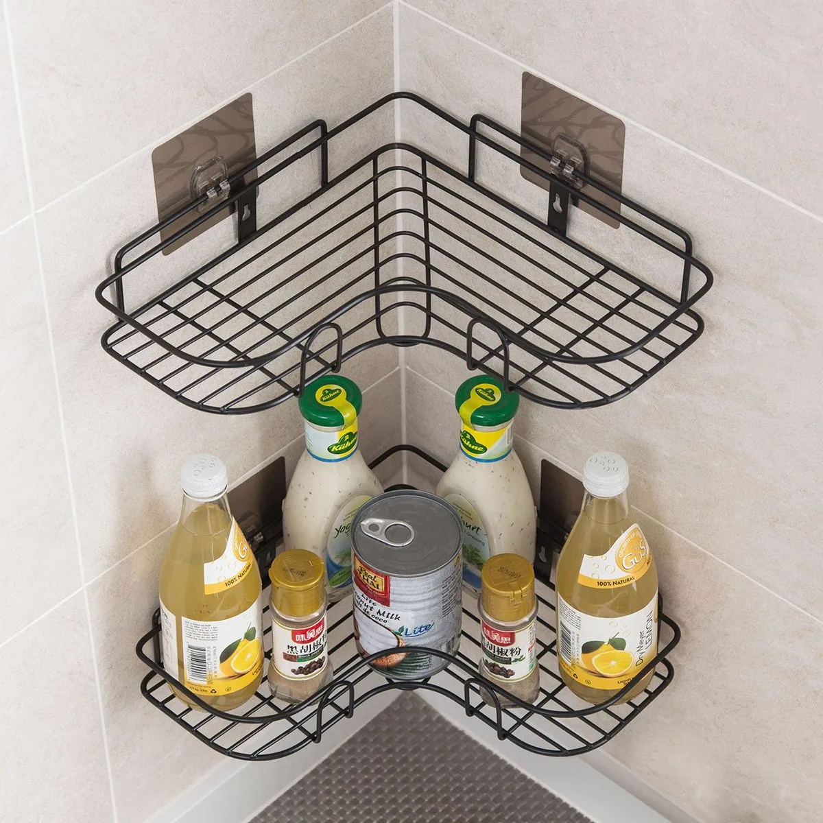 Bathroom kitchen Punch Corner Frame Shower Shelf Wrought Iron Shampoo Storage  Rack Holder with Suction Cup bathroom accessories