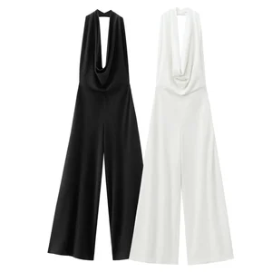 Women's Vintage Autumn Digital Printing Backless Temperament Halter Neck Full Length Solid Pattern Jumpsuit