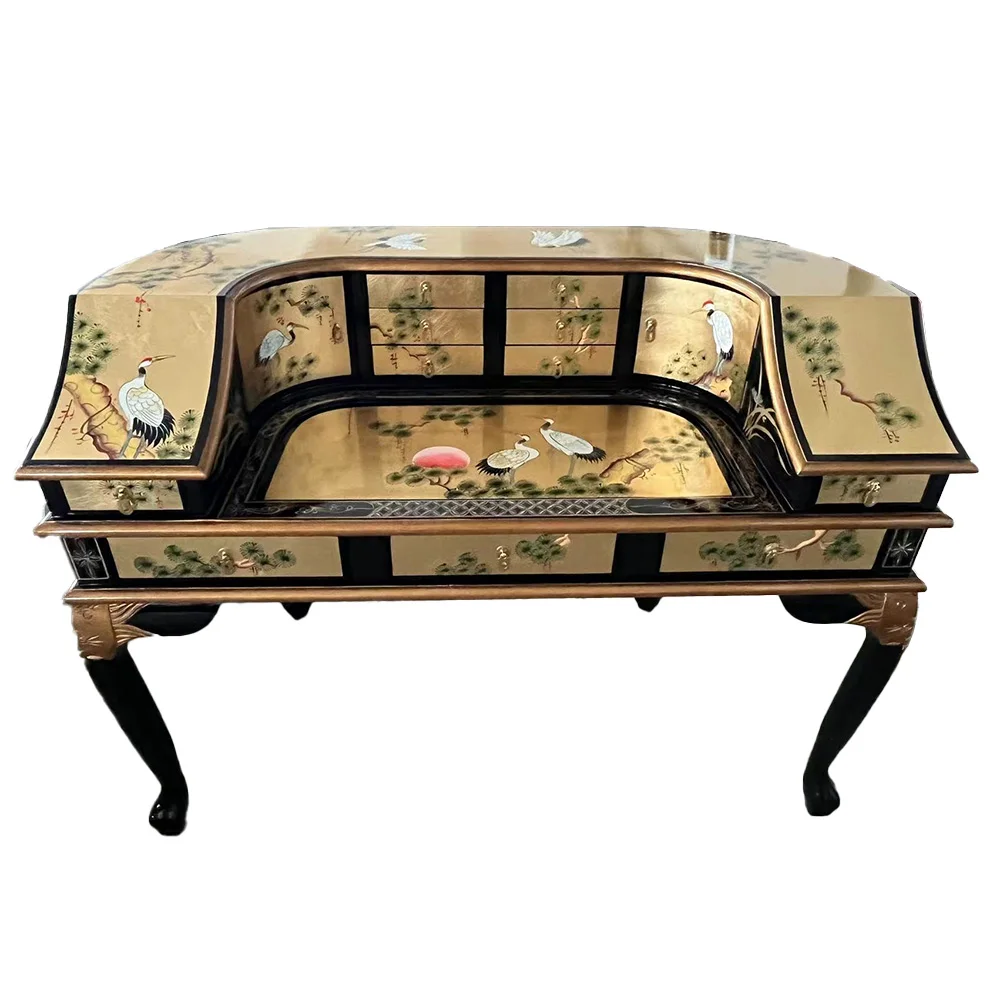 Solid Wood Makeup Table Vanities Set Multiple Drawers Gold Silver Foil Painted Flower Bird Design Includes Bedroom Apartment