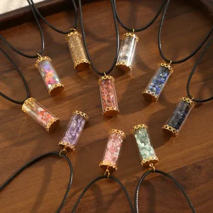 Wholesale New Luxury Crystal Crushed Stone Wishing Bottle Healing Pendant Necklace 18k Gold Plated Stainless Steel Jewelry Sets