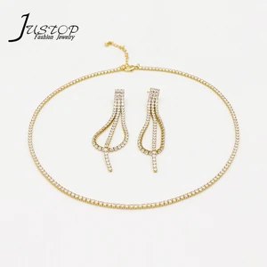 Wholesale Luxury Women 18K Gold Plated Brass Colorful Baguette Cubic Zirconia Jewelry Tennis Necklace Earring Jewelry Set