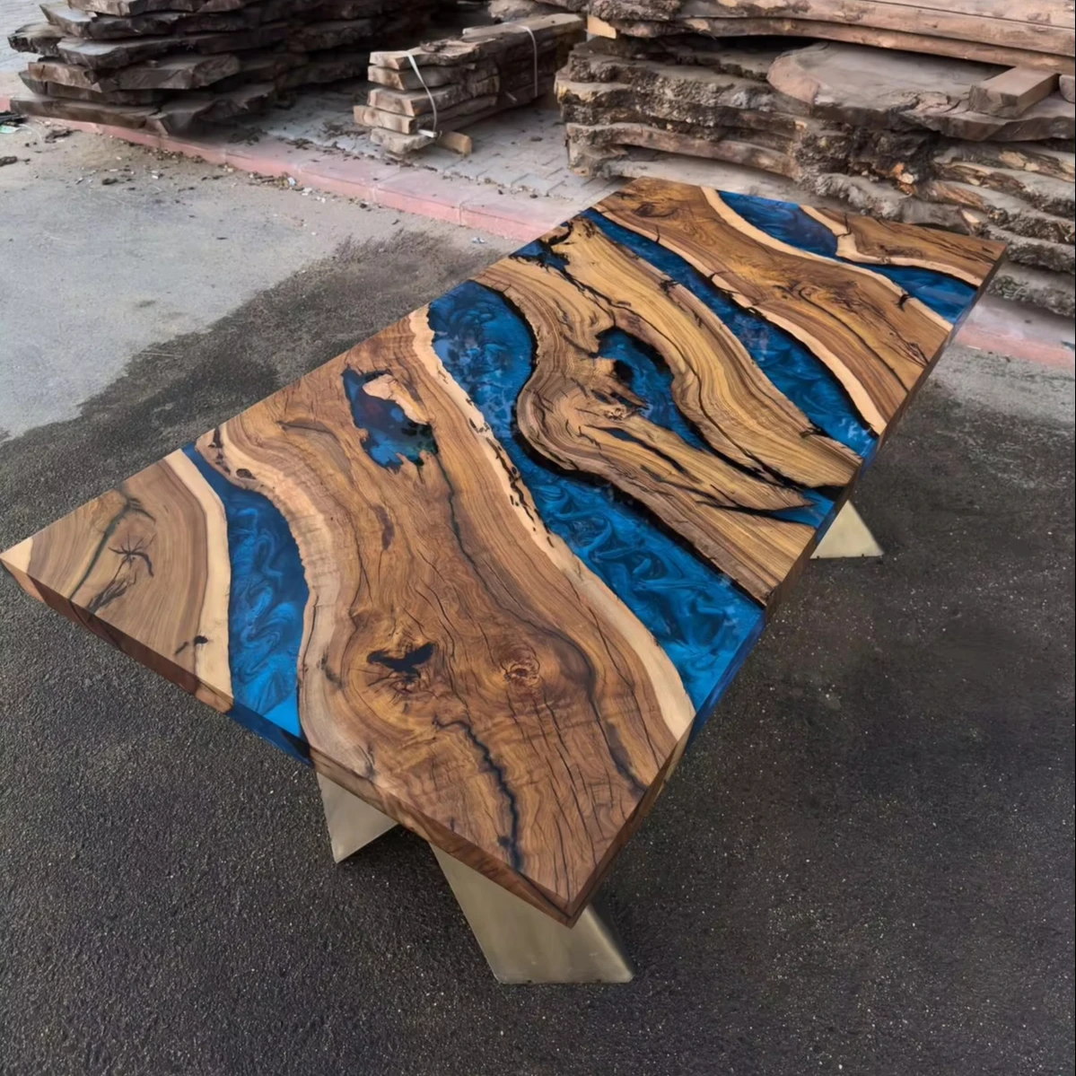 Stunning Blue Resin & Natural Wood River Dining Table