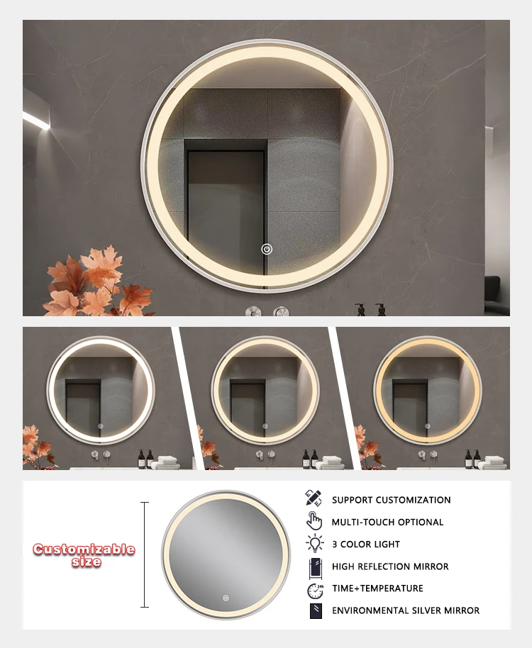 product hotel home decoration round frame bath led mirror modern touch switch screen smart bathroom mirror with led light-4