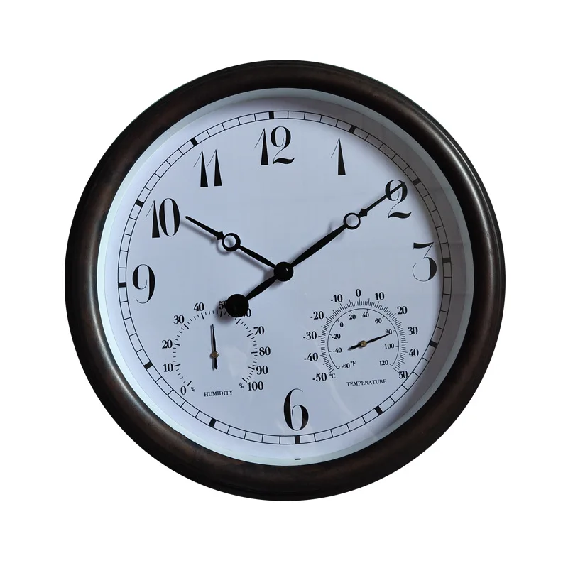 Hot Selling Humidity & Temperature Function 15 Inch Wall Clock Antique Design Plastic Outdoor Waterproof Wall Clocks for Garden