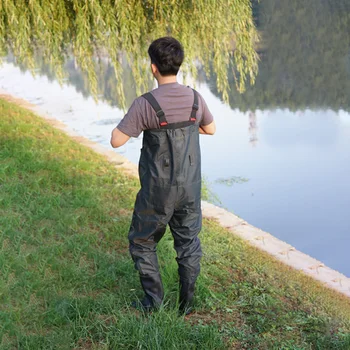 Vissen Borst steltlopers, Heren Waterdicht Full Body Regenpak met Laarzen Jacht Bootfoot Waterdicht PVC met Waadriem Vispak uit één stuk, Bruin, EU42